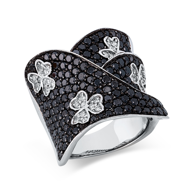 Ring 18 kt WG, Fassung teils schwarz rhodinie, 36 Brill. 0,32 ct, TW-vsi/si, 178 Brill. 4,03 ct, schwarz