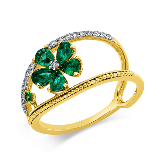 Ring 18 kt WG+GG, 20 Brill. 0,13 ct, W-pi, 5 Smaragde 0,55 ct grün, 1 Tsavorith 0,13 ct grün