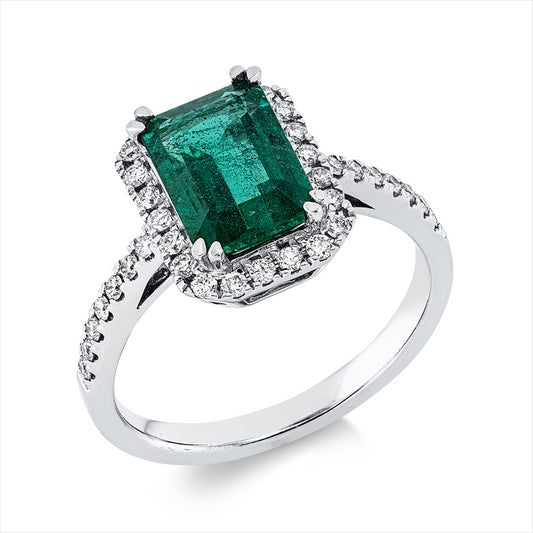 Ring 18 kt WG, 36 Brill. 0,32 ct, TW-si, 1 Smaragd 2,06 ct grün