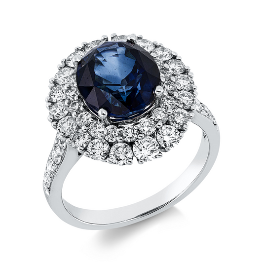 ABVERKAUF, Ring 18 kt WG, 2 Brill. 0,15 ct, TW-si, 42 Brill. 1,56 ct, TW-si, 1 Saphir 4,57 ct blau
