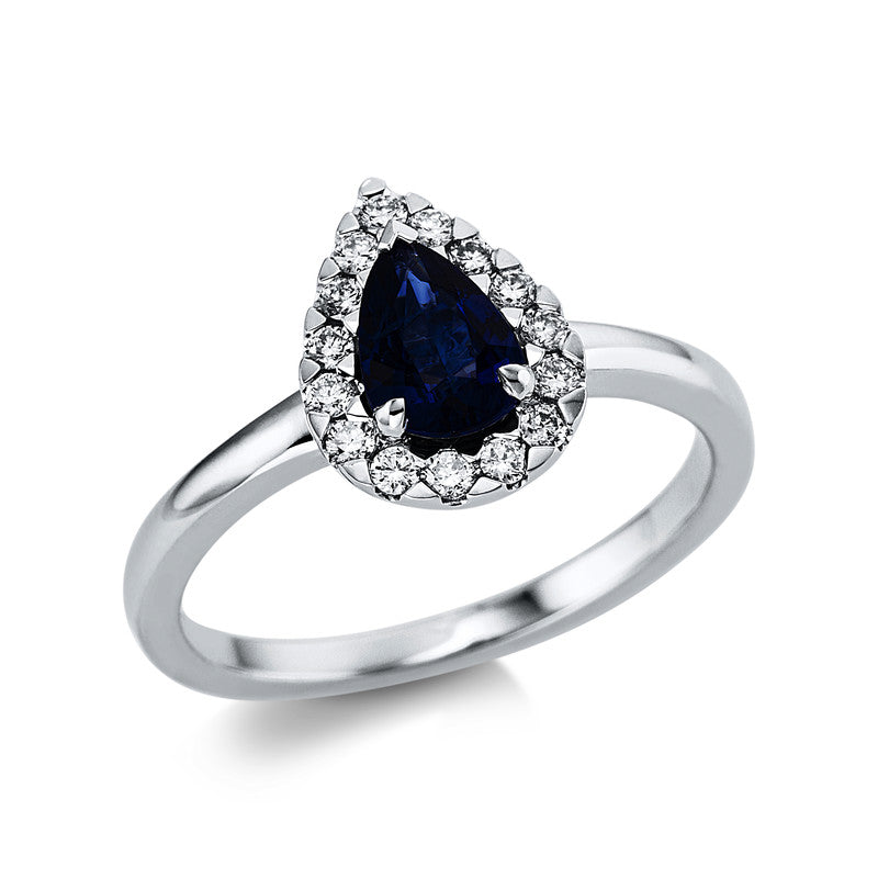 Ring 18 kt WG, 15 Brill. 0,20 ct, TW-si, 1 Saphir 0,89 ct blau