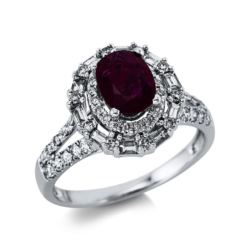 Ring 18 kt WG, 10 Bag. 0,26 ct, TW-vsi/si, 60 0,69 ct, TW-vsi/si, 1 Rubin 1,08 ct rot