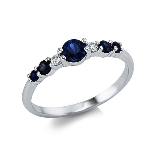 Ring 18 kt WG, 2 Brill. 0,05 ct, TW-si, 5 Saphire 0,35 ct blau