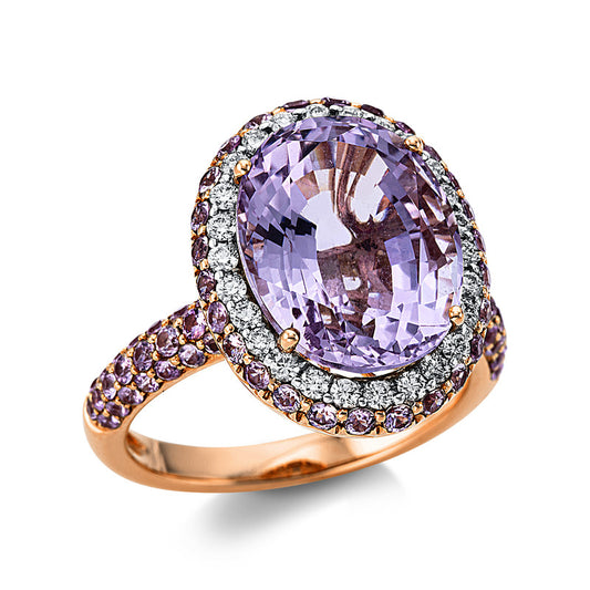 Ring 18 kt RG+WG, 26 Brill. 0,32 ct, TW-vsi, 1 Amethyst 6,59 ct pink, 68 Saphire 1,06 ct pink