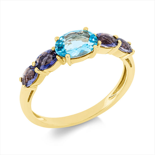 Ring 18 kt GG, 4 Iolith 0,60 ct blau, 1 Topas 1,00 ct blau
