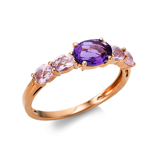 Ring 18 kt RG, 4 Quarz 0,70 ct rosa, 1 Amethyst 0,70 ct lila