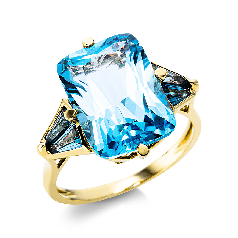 Ring 18 kt GG, 1 Topas 9,70 ct blau, 4 Topase 1,00 ct Lond. blue