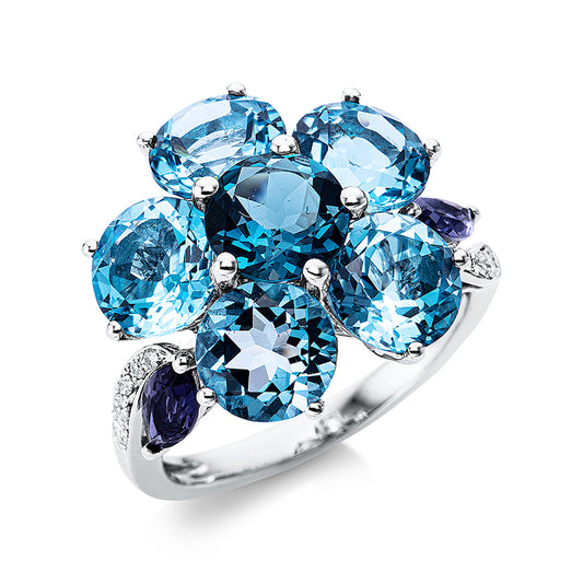 Ring 18 kt WG, 11 Brill. 0,12 ct, TW-si, 2 Iolith 0,40 ct blau, 5 Blautopase 7,40 ct blau, 1 Topas 1,40 ct Lond. blue