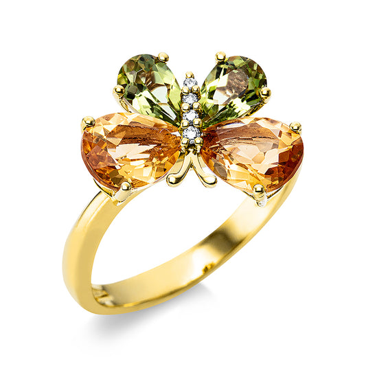 Ring 18 kt GG, 4 Brill. 0,03 ct, TW-si, 2 Citrin 2,10 ct gelb, 2 Peridot 0,90 ct grün