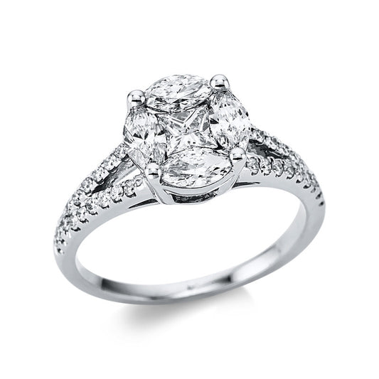 Ring 18 kt WG, 4 Nav. 0,74 ct, TW-si, 1 Princ. 0,26 ct, TW-si, 30 Brill. 0,21 ct, TW-si
