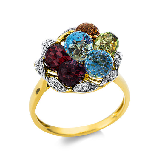 Ring 18 kt GG, 24 Brill. 0,08 ct, W-pi, 7 Farbsteine 9,19 ct multicolor