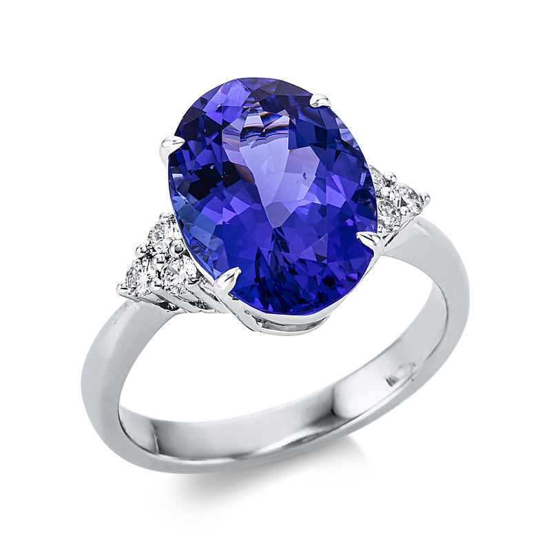 Ring 18 kt WG, 6 Brill. 0,21 ct, TW-si, 1 Tansanit 5,85 ct blau