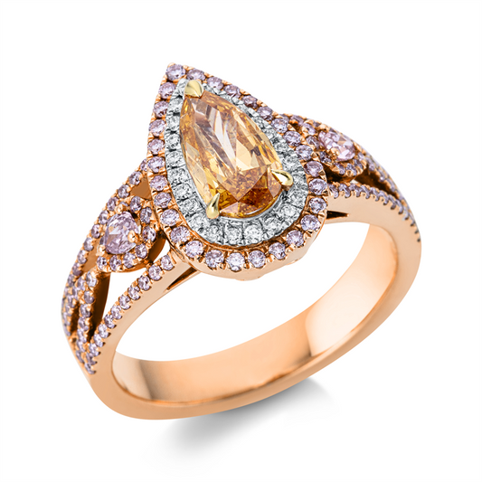 Ring 18 kt WGR, 1 Tro 0,82ct, ge, 23 Br. 0,09ct, TW-si, 124 Br. 0,49ct+2 Br. 0,13ct, pink