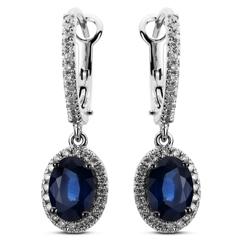 Ohrschmuck 18 kt WG, Fassung schwarz rhodiniert, 64 Brill. 0,32 ct, TW-si, 2 Saphire 1,98 ct blau