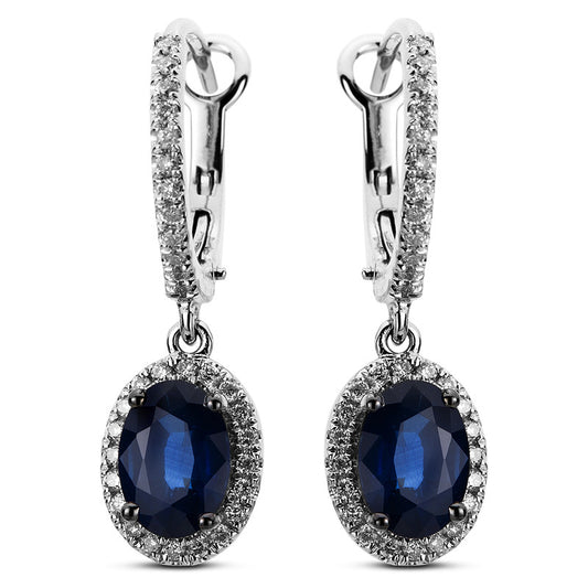 Ohrschmuck 18 kt WG, Fassung schwarz rhodiniert, 64 Brill. 0,32 ct, TW-si, 2 Saphire 1,98 ct blau