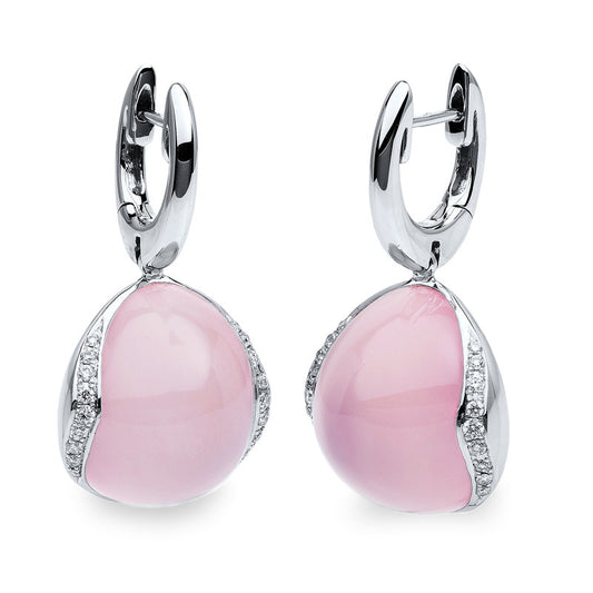 Ohrschmuck 18 kt WG, 36 Brill. 0,28 ct, TW-vsi, 2 Rosenquarz 29,70 ct rosé