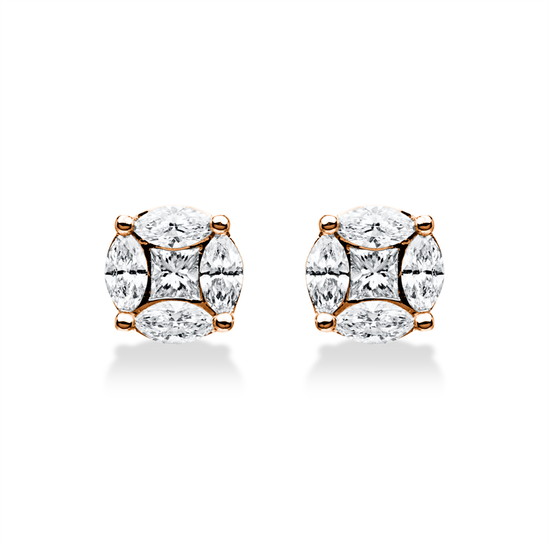 Ohrstecker 18 kt RG, 2 Princ. 0,35 ct, TW-si, 8 Nav. 1,11 ct, TW-si