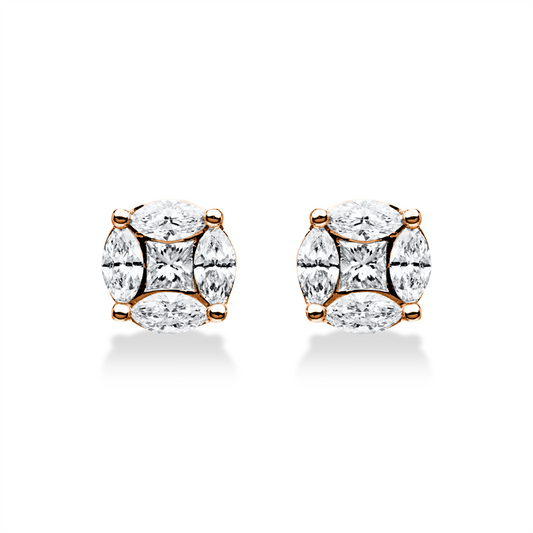 Ohrstecker 18 kt RG, 2 Princ. 0,35 ct, TW-si, 8 Nav. 1,11 ct, TW-si