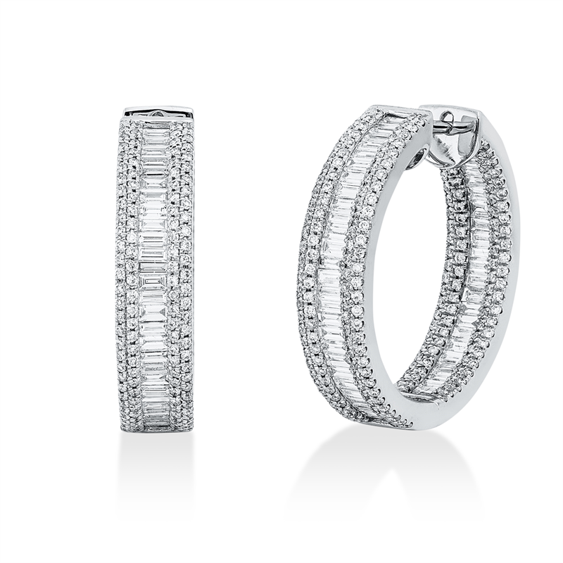Creolen 18 kt WG, 102 Bag. 1,40 ct, TW-si, 440 Brill. 0,88 ct, TW-si