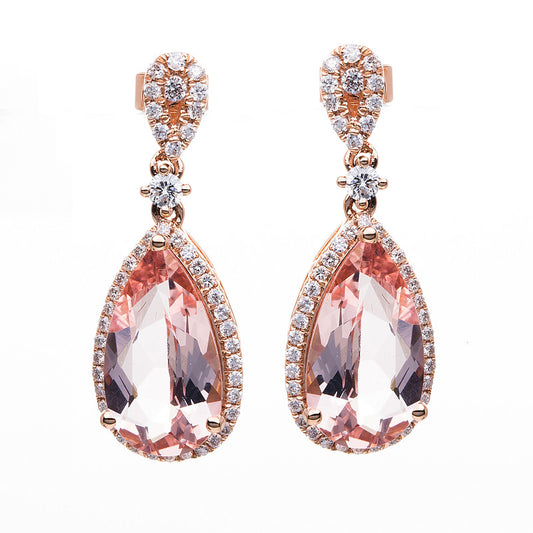 Ohrschmuck 18 kt RG, 92 Brill. 0,63 ct, TW-si, 2 Morganit 7,78 ct rosé