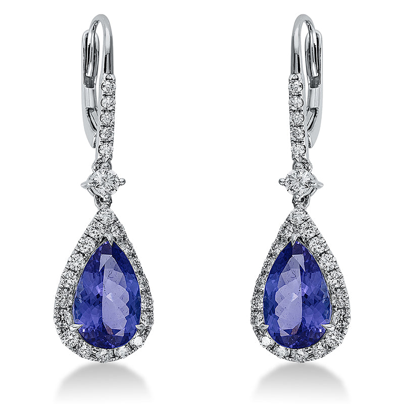 Ohrschmuck 18 kt WG, 46 Brill. 1,25 ct, TW-si, 2 Brill. 0,25 ct, TW-si, 2 Tansanit 7,59 ct blau