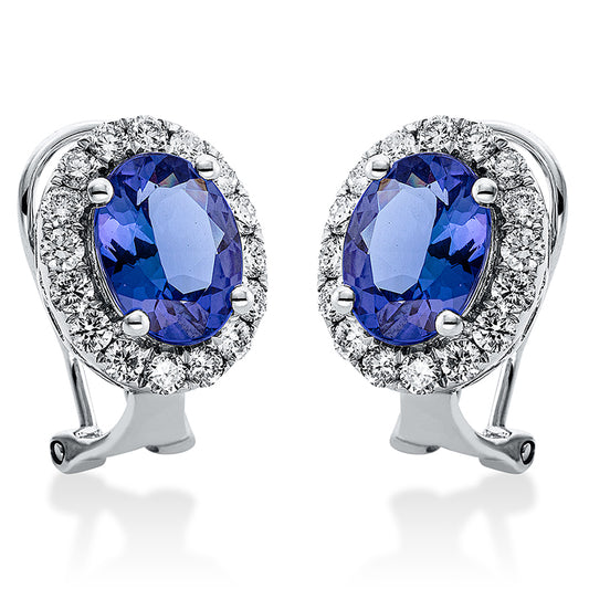 Creolen 18 kt WG, 32 Brill. 0,95 ct, TW-si, 2 Tansanit 4,12 ct blau