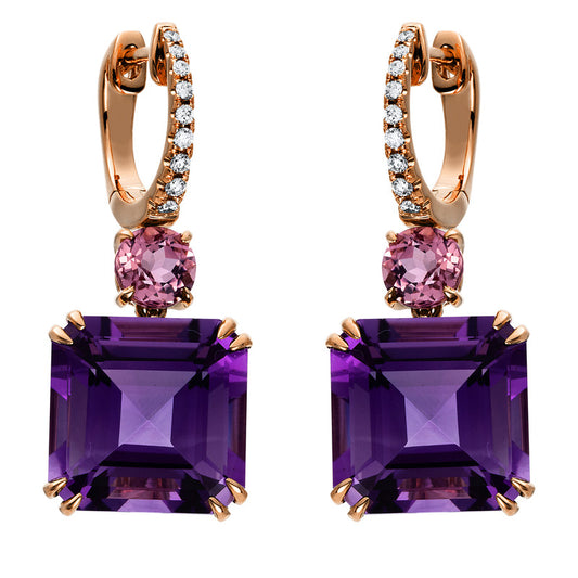 Ohrschmuck 18 kt RG, 18 Brill. 0,14 ct, TW-si, 2 Amethyste 17,30 ct lila, 2 Turmalin 1,10 ct pink