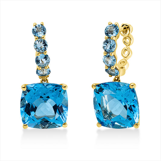 Ohrschmuck 18 kt GG, 2 Topase 12,30 ct blau, 8 Topase 1,10 ct blau