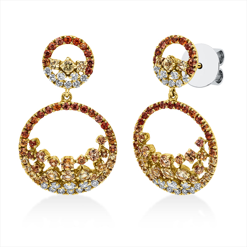 Ohrschmuck 18 kt GG+WG, 36 Brill. 0,58 ct, TW-vsi/si, 108 Saphire 2,38 ct multicolor