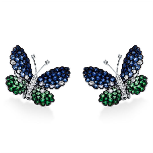 Ohrstecker 18 kt WG, Fassung teils schwarz rhodinie, 36 Brill. 0,80 ct, TW-vsi/si, 60 Tsavorith 2,29 ct grün, 100 Saphire 4,21 ct blau