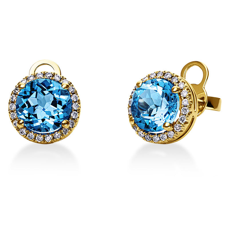 Ohrstecker 18 kt GG, 44 Brill. 0,21 ct, TW-si, 2 Topase 3,50 ct blau
