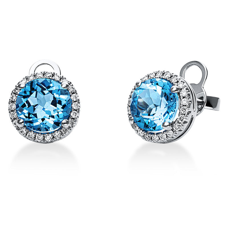 Ohrstecker 18 kt WG, 44 Brill. 0,19 ct, TW-si, 2 Topase 3,60 ct blau