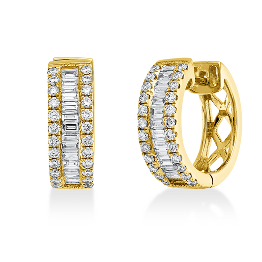 Creolen 18 kt GG, 30 Bag. 0,49 ct, TW-vsi, 48 Brill. 0,42 ct, TW-vsi