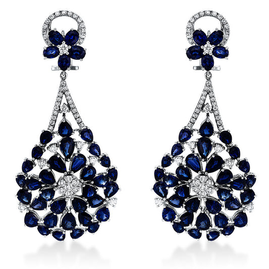 Ohrschmuck 18 kt WG, 98 Brill. 1,77 ct, TW-vsi, 10 Saphire 3,84 ct blau, 66 Saphire 23,64 ct blau