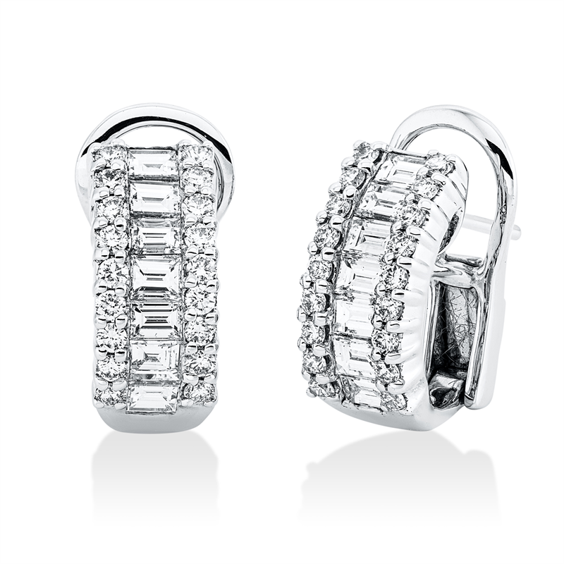 Creolen 18 kt WG, 14 Bag. 1,13 ct, TW-vsi, 36 Brill. 0,51 ct, TW-vsi