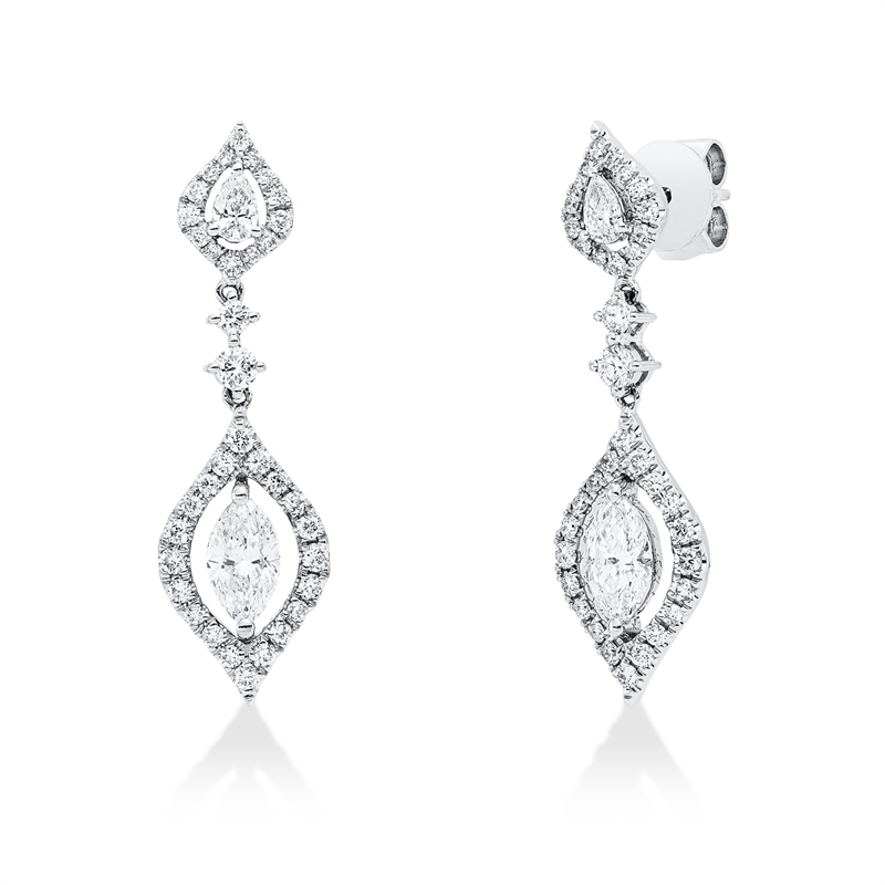 Ohrschmuck 18 kt WG, 2 Brill. 0,10 ct, 2 Tropfen 0,15 ct, 2 Nav. 0,82 ct, 70 Brill. 0,58 ct, TW-si
