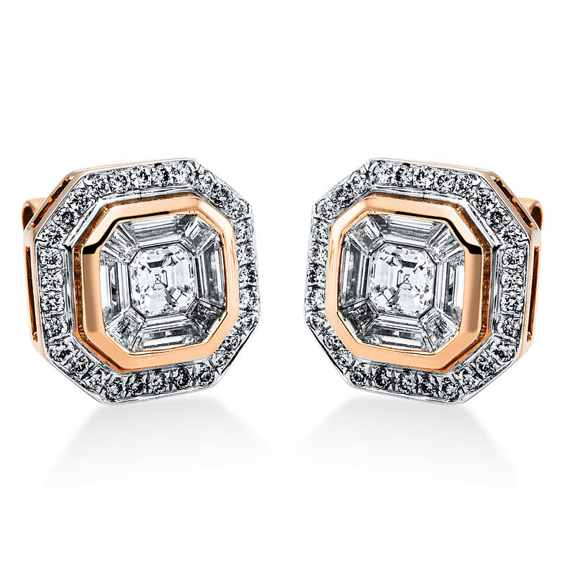 Ohrstecker 18 kt RG, 2 Assher 0,35 ct, TW-si, 16 Bag. 0,90 ct, TW-si, 60 Brill. 0,26 ct, TW-si