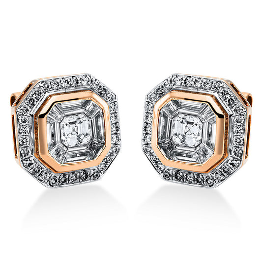 Ohrstecker 18 kt RG, 2 Assher 0,35 ct, TW-si, 16 Bag. 0,90 ct, TW-si, 60 Brill. 0,26 ct, TW-si