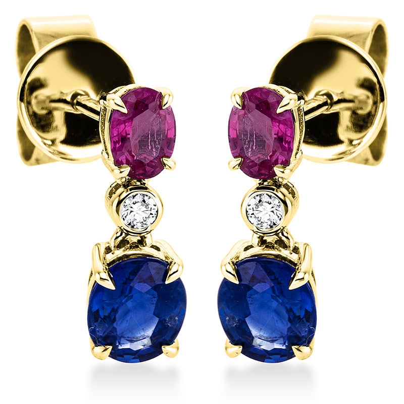 Ohrschmuck 18 kt GG, 2 Brill. 0,03 ct, W-pi, 2 Rubine 0,50 ct rot, 2 Saphire 0,96 ct blau