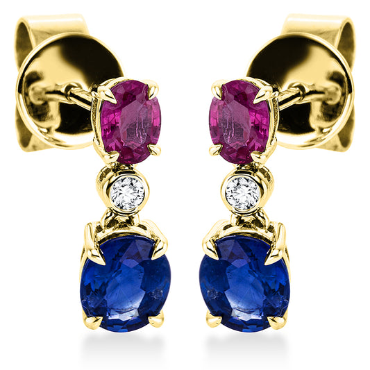 Ohrschmuck 18 kt GG, 2 Brill. 0,03 ct, W-pi, 2 Rubine 0,50 ct rot, 2 Saphire 0,96 ct blau