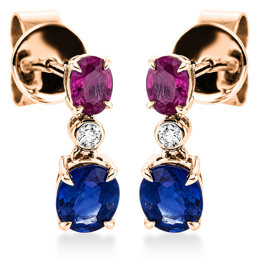 Ohrschmuck 18 kt RG, 2 Brill. 0,03 ct, W-pi, 2 Rubine 0,50 ct rot, 2 Saphire 0,96 ct blau