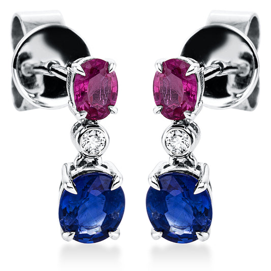 Ohrschmuck 18 kt WG, 2 Brill. 0,03 ct, W-pi, 2 Rubine 0,50 ct rot, 2 Saphire 0,96 ct blau