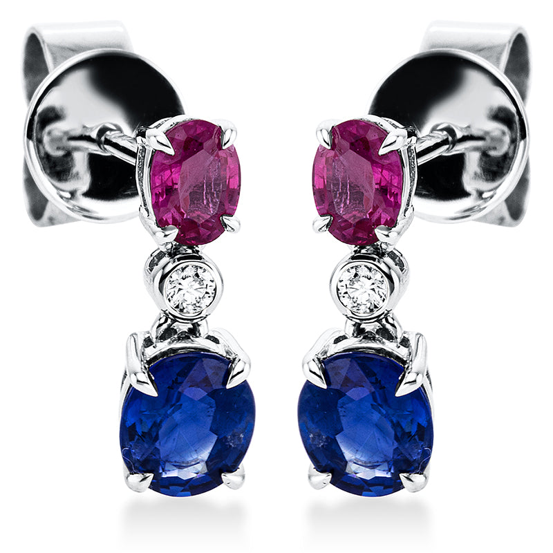 Ohrschmuck 18 kt WG, 2 Brill. 0,03 ct, W-pi, 2 Rubine 0,42 ct rot, 2 Saphire 1,03 ct blau