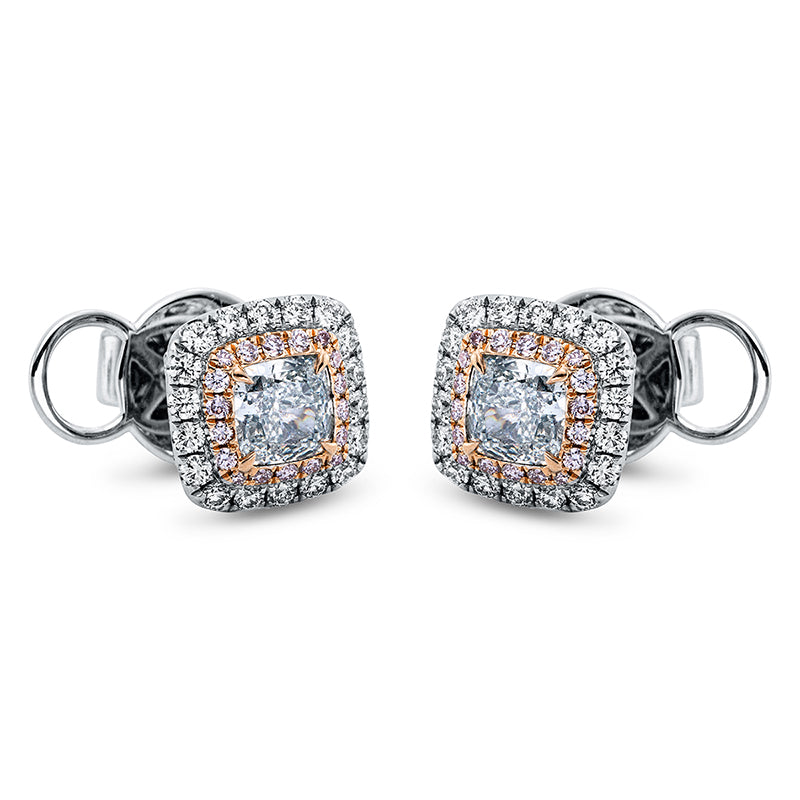 Ohrstecker 18 kt WG+RG, 2 Cushion 1,04 ct, grün, 36 Brill. 0,15 ct, pink, 132 Brill. 0,57 ct, TW-vsi/si