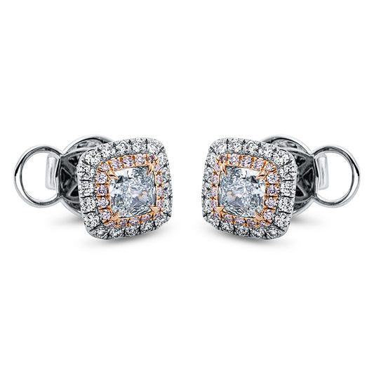 Ohrstecker 18 kt WG+RG, 2 Cushion 1,04 ct, grün, 36 Brill. 0,15 ct, pink, 132 Brill. 0,57 ct, TW-vsi/si