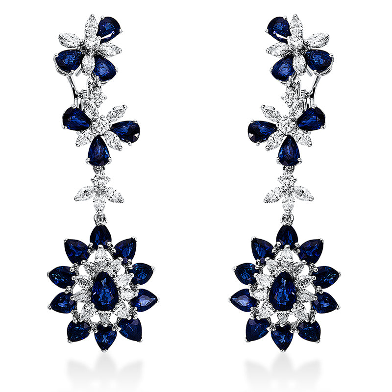Ohrschmuck 18 kt WG, 8 Brill. 0,50 ct, TW-vsi, 42 Brill. 3,14 ct, TW-vsi, 34 Saphire 16,12 ct blau