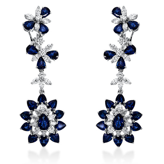 Ohrschmuck 18 kt WG, 8 Brill. 0,50 ct, TW-vsi, 42 Brill. 3,14 ct, TW-vsi, 34 Saphire 16,12 ct blau