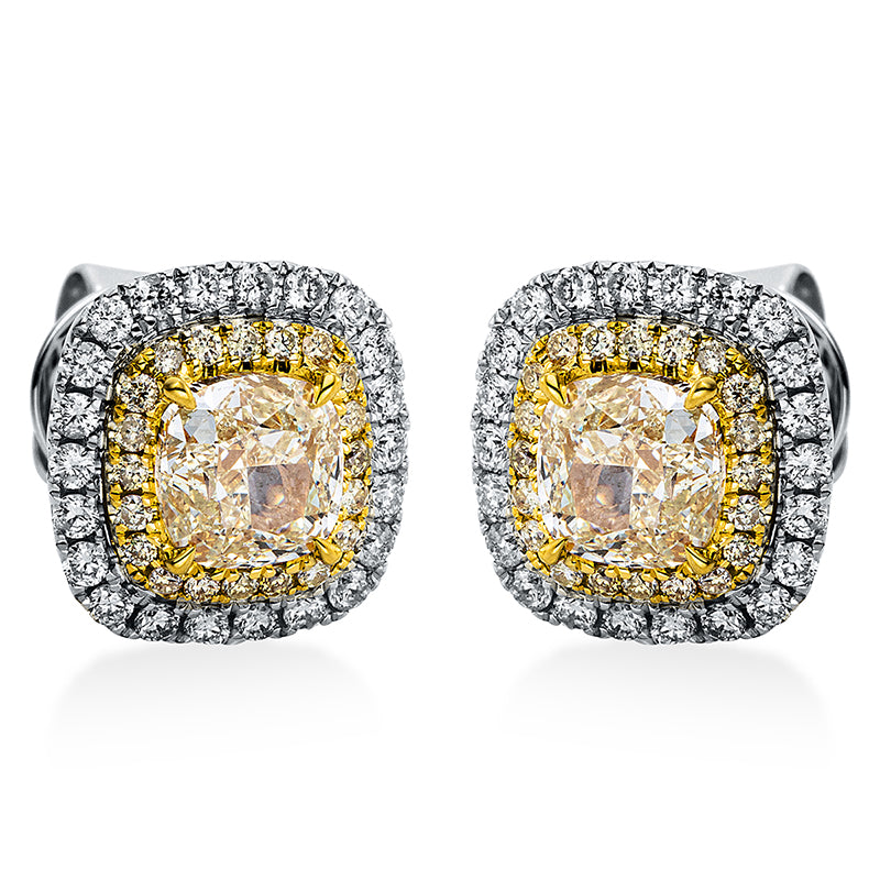 Ohrstecker 18 kt WG+GG, 44 Brill. 0,44 ct, TW-si, 2 Cushion 2,13 ct, gelb, 40 Brill. 0,20 ct, gelb