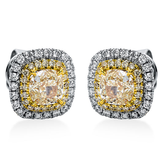 Ohrstecker 18 kt WG+GG, 44 Brill. 0,44 ct, TW-si, 2 Cushion 2,13 ct, gelb, 40 Brill. 0,20 ct, gelb