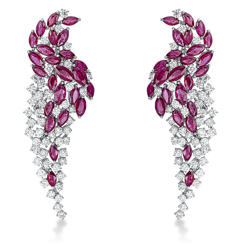 Ohrschmuck 18 kt WG, 96 Brill. 10,60 ct, TW-vsi/si, 48 Rubine 23,18 ct rot